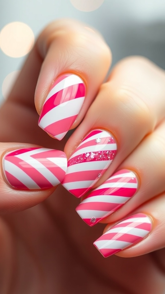 Close-up of pink and white candy cane nail design for Christmas.